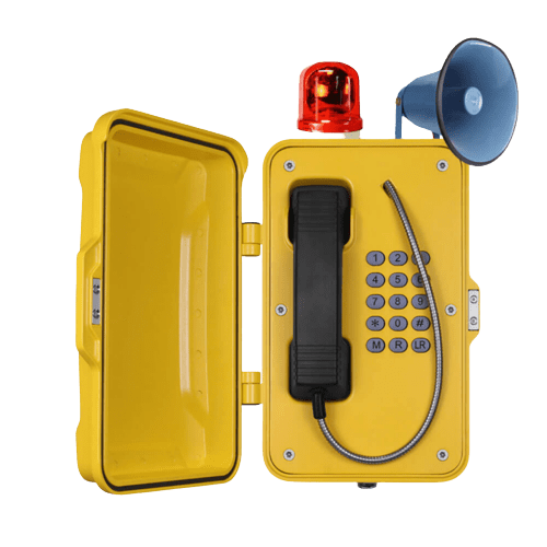 Heavy-duty industrial intercom unit mounted in a warehouse or plant setting, designed for high-noise communication and safety coordination
